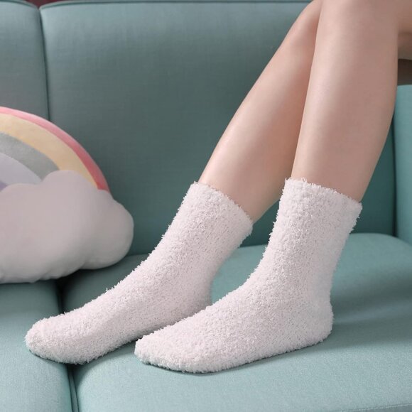 Women Fuzzy Socks Cozy Fluffy Warm Slipper Microfiber Soft Sleep Grey White - Picture 3 of 6